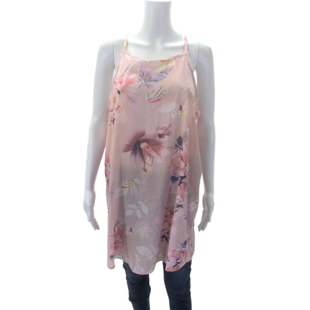 Designer Womens Floral Print Sleeveless Square Neck Blouse Pink Size L